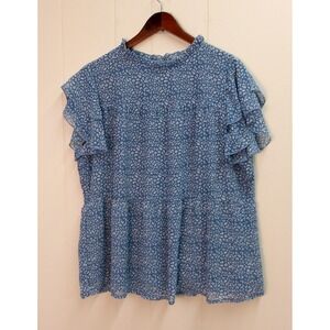 Pretty Garden Women's Blue Floral Ruffle Neck‎ Top Officewear Blouse XL /#8080